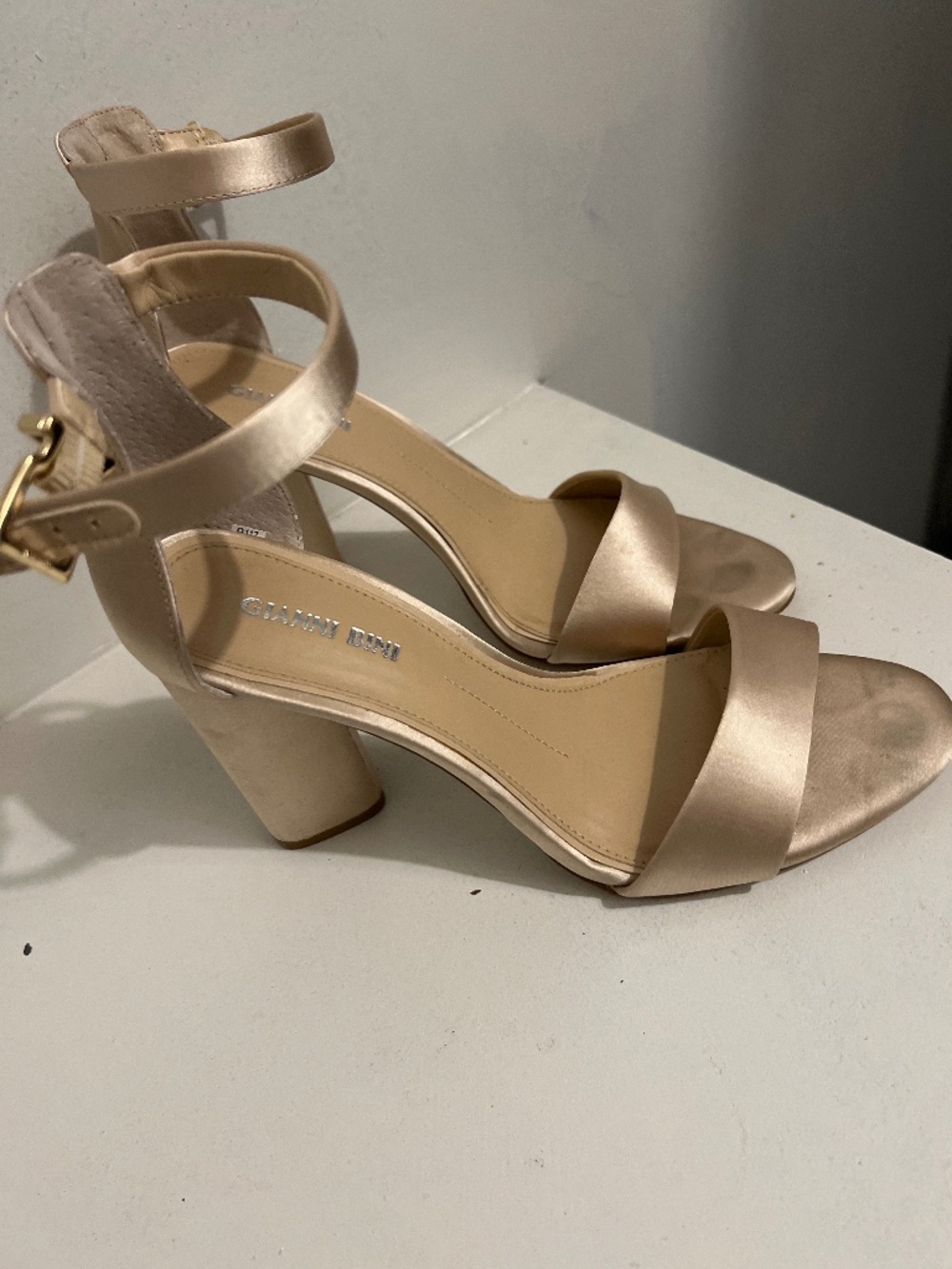 Size 9 Satin Champagne colored block heel